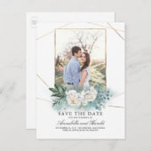 白い花と緑の写真デートを保存 案内ポストカード (正面/裏面)