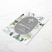 白い花と緑の洗礼招待状（ホイル仕上げ） 箔招待状 (回転した状態)