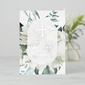 白い花と緑の洗礼招待状（ホイル仕上げ） 箔招待状 (立ち正面)