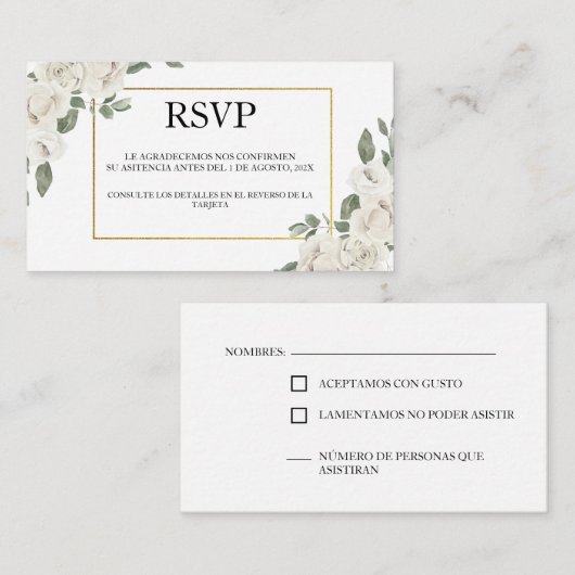 白い花と緑の結婚式RSVPカード エンクロージャーカード (正面/裏面)