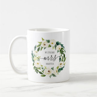 白い花と緑の結婚披露宴マグカップ – Mrs. コーヒーマグカップ