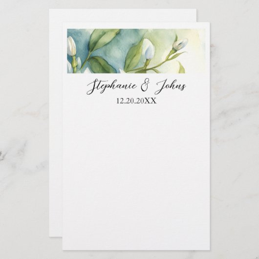 白い花と緑の葉のエレガントなラスティックウェディング 便箋 (正面/裏面)