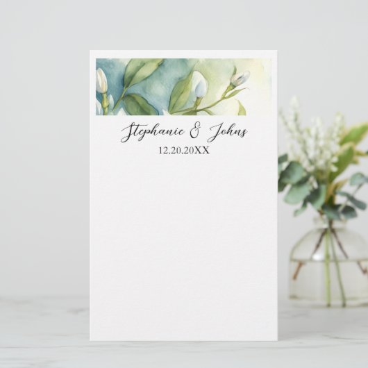 白い花と緑の葉のエレガントなラスティックウェディング 便箋 (スタンド正面)