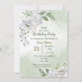白い花と緑の葉誕生日 招待状 (正面)