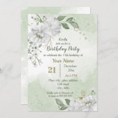 白い花と緑の葉誕生日 招待状 (正面/裏面)