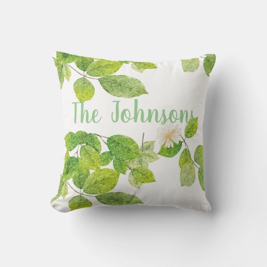 白い花と緑の葉 クッション (正面)