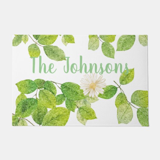 白い花と緑の葉 ドアマット (正面)