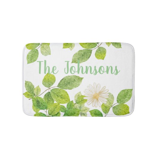 白い花と緑の葉 バスマット (正面)