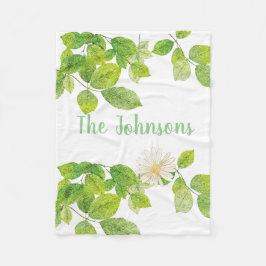 白い花と緑の葉 フリースブランケット