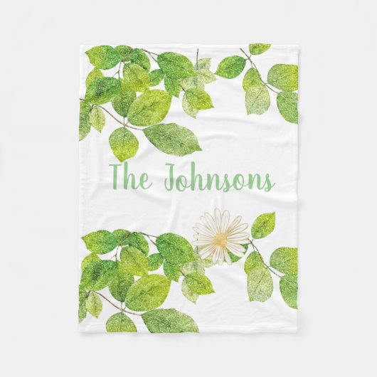 白い花と緑の葉 フリースブランケット (正面)