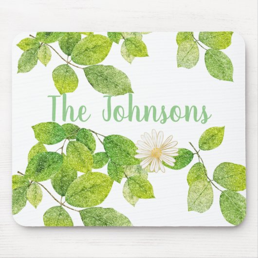 白い花と緑の葉 マウスパッド (正面)