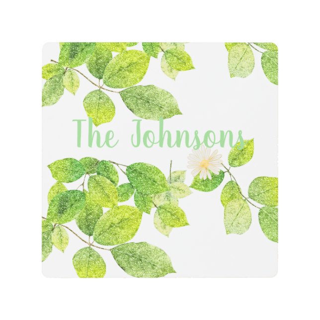 白い花と緑の葉 メタルプリント (正面)