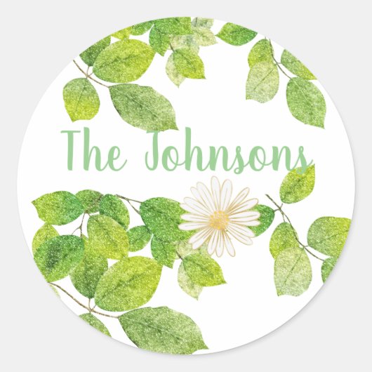 白い花と緑の葉 ラウンドシール (正面)