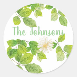 白い花と緑の葉 ラウンドシール