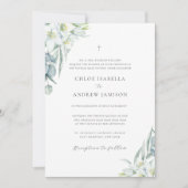 白い花と緑エレガントのカトリック結婚教会 招待状 (正面)