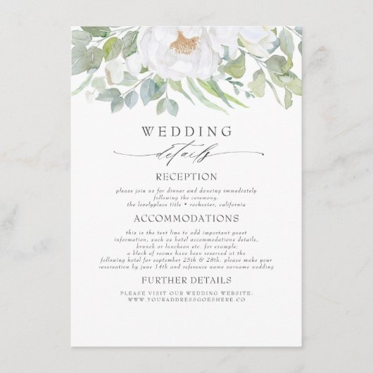 白い花と緑結婚の情報 エンクロージャーカード (正面)