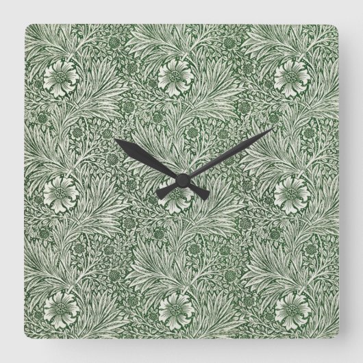 白い花と葉の装飾的な花模様 スクエア壁時計 (正面)
