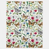 白い花と蝶 フリースブランケット (正面)