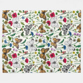 白い花と蝶 フリースブランケット (正面(横))