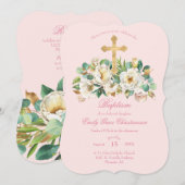 白い花と金の十字架のピンクの洗礼 招待状 (正面/裏面)