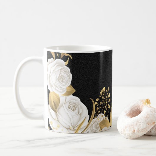 白い花と金の葉 黒 コーヒーマグカップ (ドーナツ)