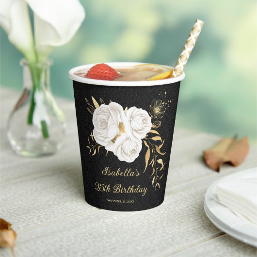 白い花と金の葉 黒 紙コップ (インサイチュ)