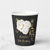 白い花と金の葉 黒 紙コップ (正面)