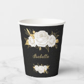 白い花と金の葉 黒 紙コップ (正面)