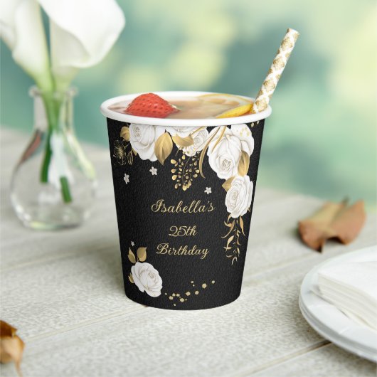 白い花と金の葉 黒 紙コップ (インサイチュ)