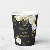 白い花と金の葉 黒 紙コップ (正面)