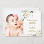 白い花と金ゴールドフォトバプテスマサンキューカード 招待状 (正面)