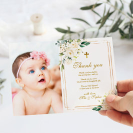 白い花と金ゴールドフォトバプテスマサンキューカード 招待状