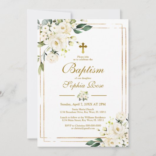白い花と金ゴールドフレームガールバプテスマ 招待状 (正面)
