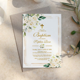 白い花と金ゴールドフレームガールバプテスマ 招待状