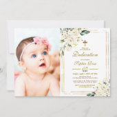 白い花と金ゴールドフレームフォトガール奉納 招待状 (正面)