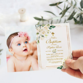 白い花と金ゴールドフレーム写真ガールバプテスマ 招待状