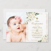 白い花と金ゴールドフレーム写真ガール確認 招待状 (正面)