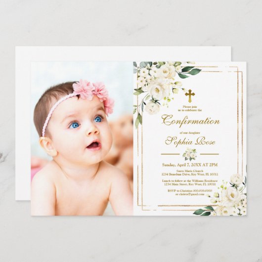 白い花と金ゴールドフレーム写真ガール確認 招待状 (正面/裏面)