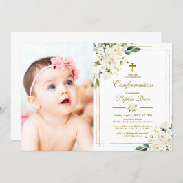 白い花と金ゴールドフレーム写真ガール確認 招待状