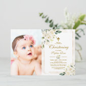 白い花と金ゴールドフレーム写真ガール《キリスト教》洗礼式や命名式 招待状 (スタンド正面)