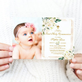 白い花と金ゴールド写真第1聖餐式 招待状