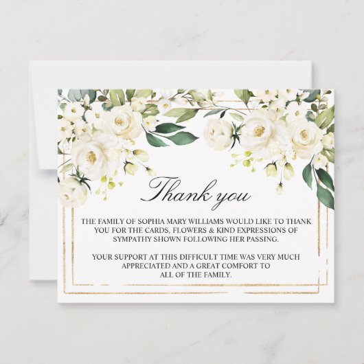 白い花と金ゴールド葬式ありがとうご注意 サンキューカード (正面)