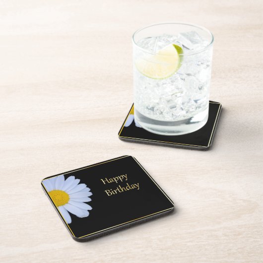 白い花と黒い背景のハッピーバースデー コースター (右側)