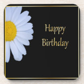 白い花と黒い背景のハッピーバースデー コースター (正面)