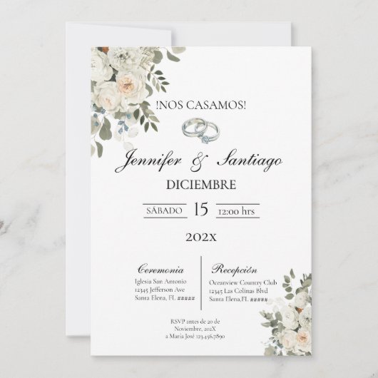 白い花のウェディングインビテーション 招待状 (正面)