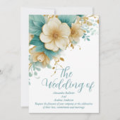 白い花のエレガントなウェディングブルーグリーン 招待状 (正面)
