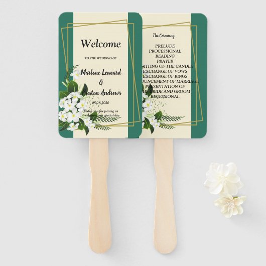 白い花のエレガントな幾何学的なウェディングプログラム枠 ハンドファン (正面&裏面)