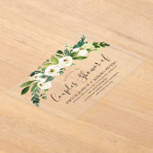 白い花のオールシーズン カップルシャワー アクリル招待状 (レイダウン)