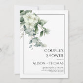 白い花のカップルのシャワーとユーカリ 招待状 (正面)