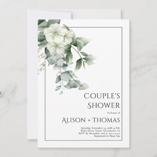 白い花のカップルのシャワーとユーカリ 招待状 (正面)